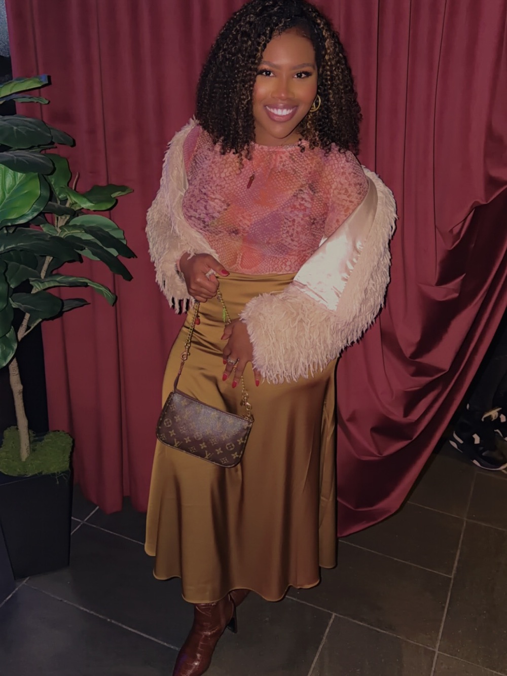 Express Satin A-Line Midi Skirt in Camel